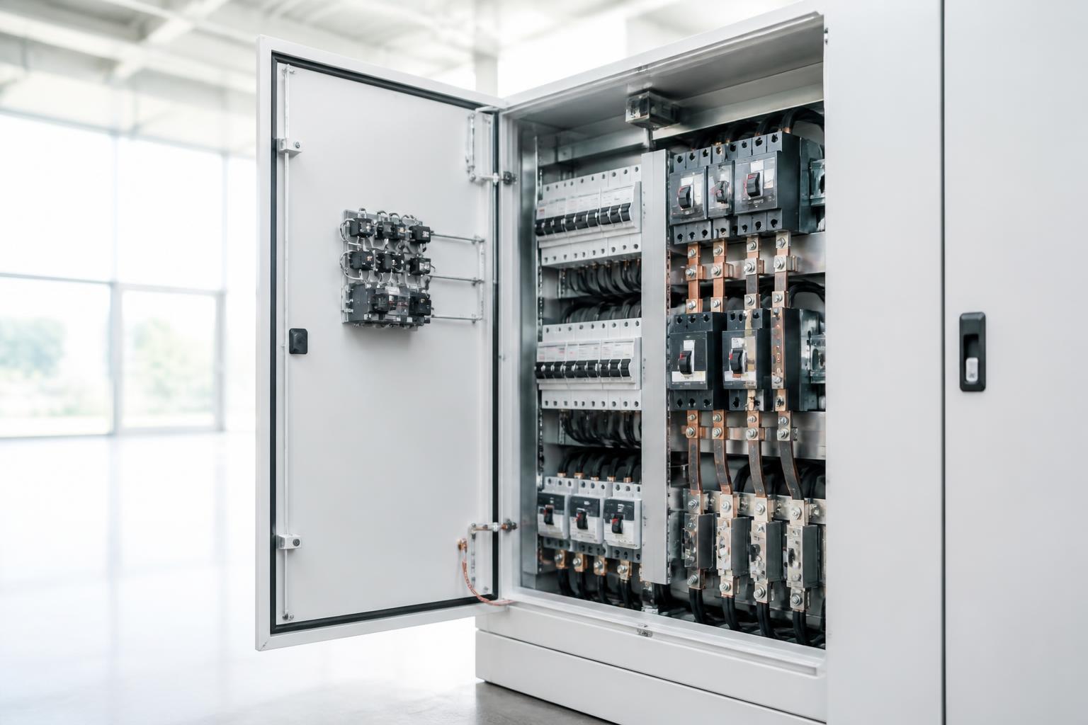 Moderný elektrický rozvádzač v čistom svetlom priemyselnom prostredí